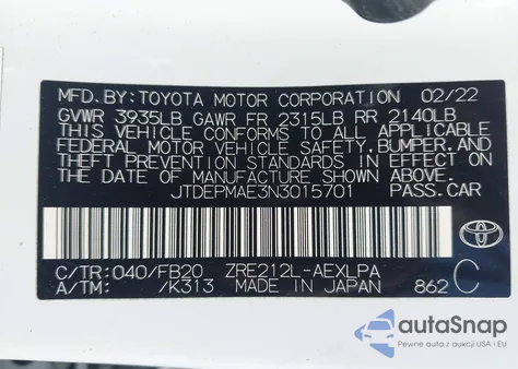 2022 Toyota Corolla Le from USA, damaged, VIN JTDEPMAE3N3015701